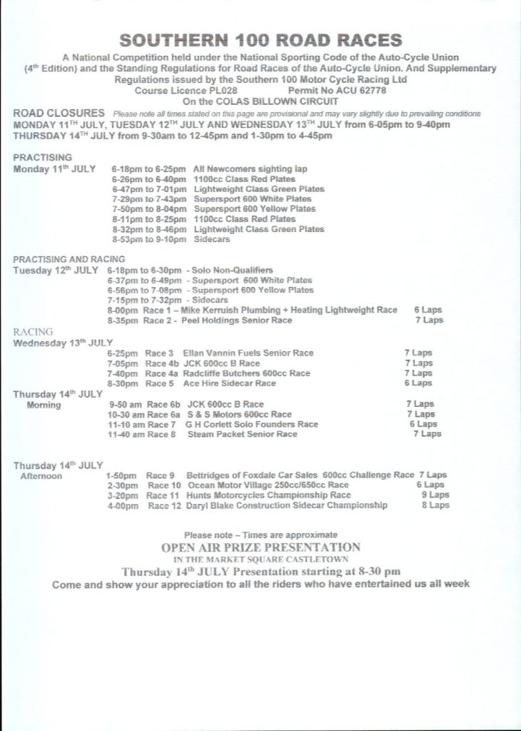 Isle of Man Steam Packet Company Southern 100 Schedule 2022